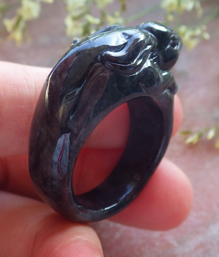 Certified Black Burma 100% Natural A JADE Jadeite Rabbit RING USA. 10.25 兔子戒指 640457 TN