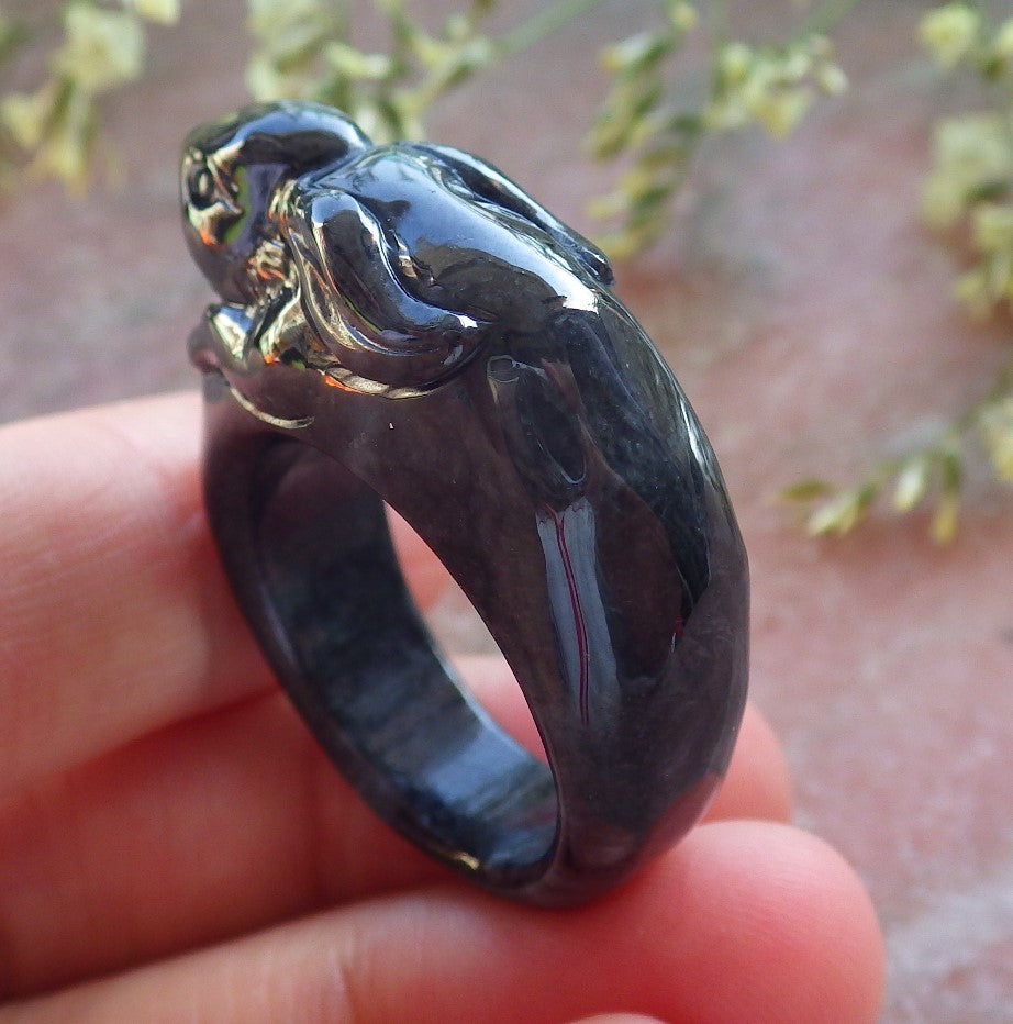 Certified Black Burma 100% Natural A JADE Jadeite Rabbit RING USA. 10.25 兔子戒指 640457 TN