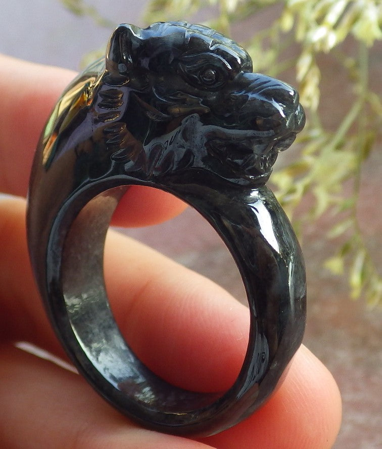 Certified Black Burma 100% Natural A JADE Jadeite Tiger RING USA. 11.5 老虎戒指 640684 TN