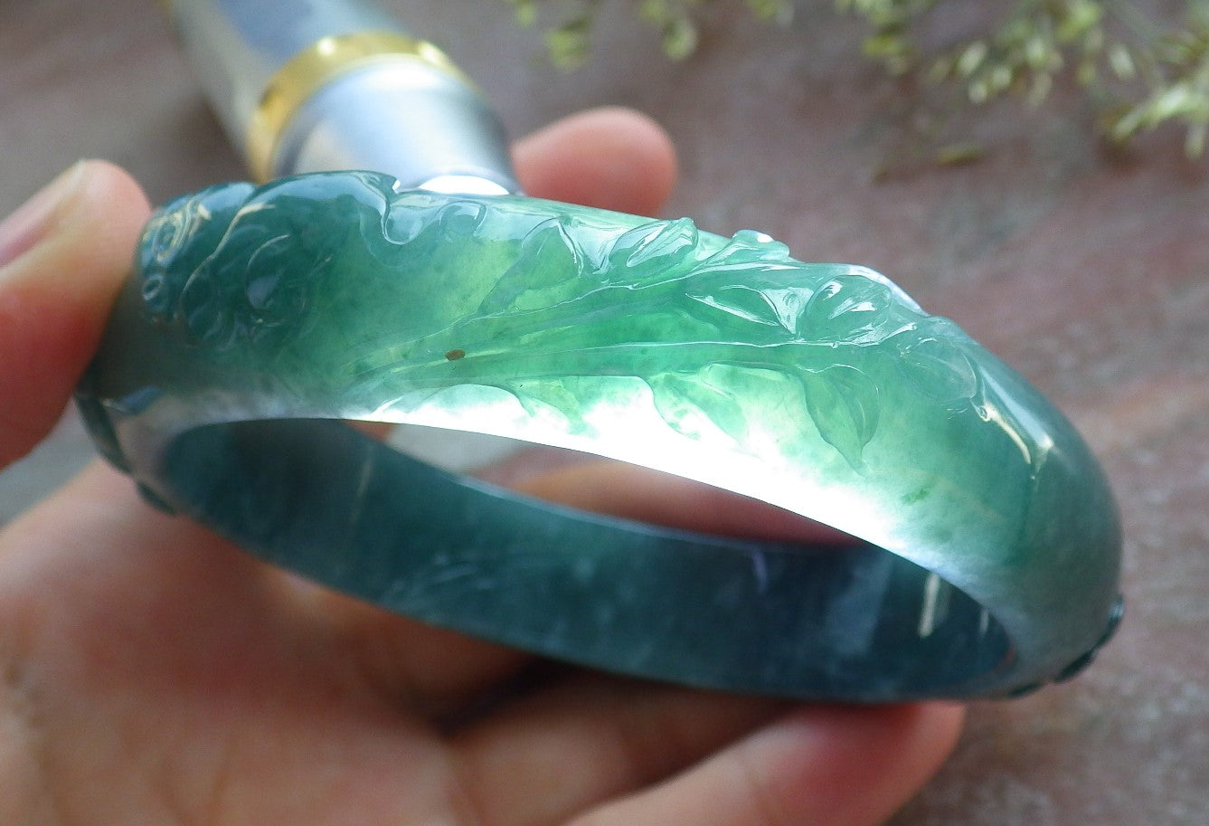 Certified Icy Green Burma 100% Natural A JADE Jadeite Monkey Ruyi Bamboo Bangle Bracelet 64 mm 手镯 640744 TN