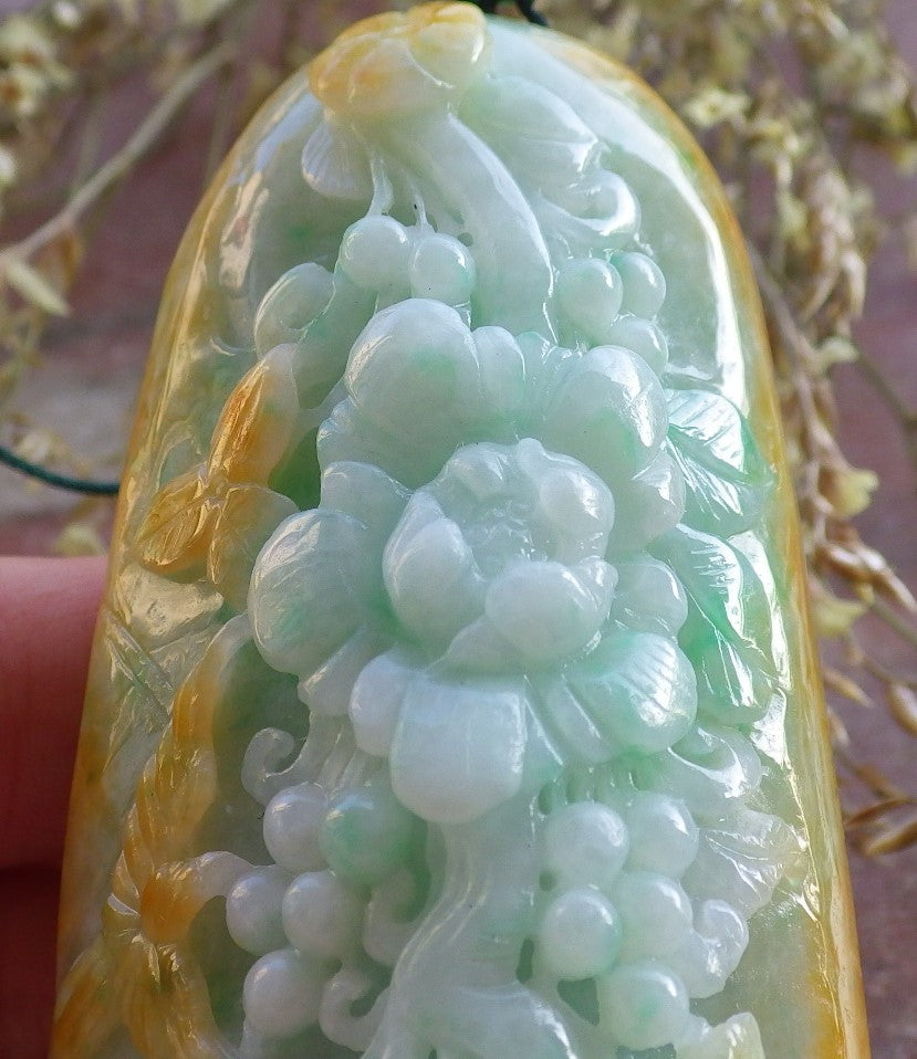 Certified Yellow Green Burma 100% Natural A Jade jadeite Pendant Phoenix Bird Flower Leaf Necklace 鸟语花香 640916 TN