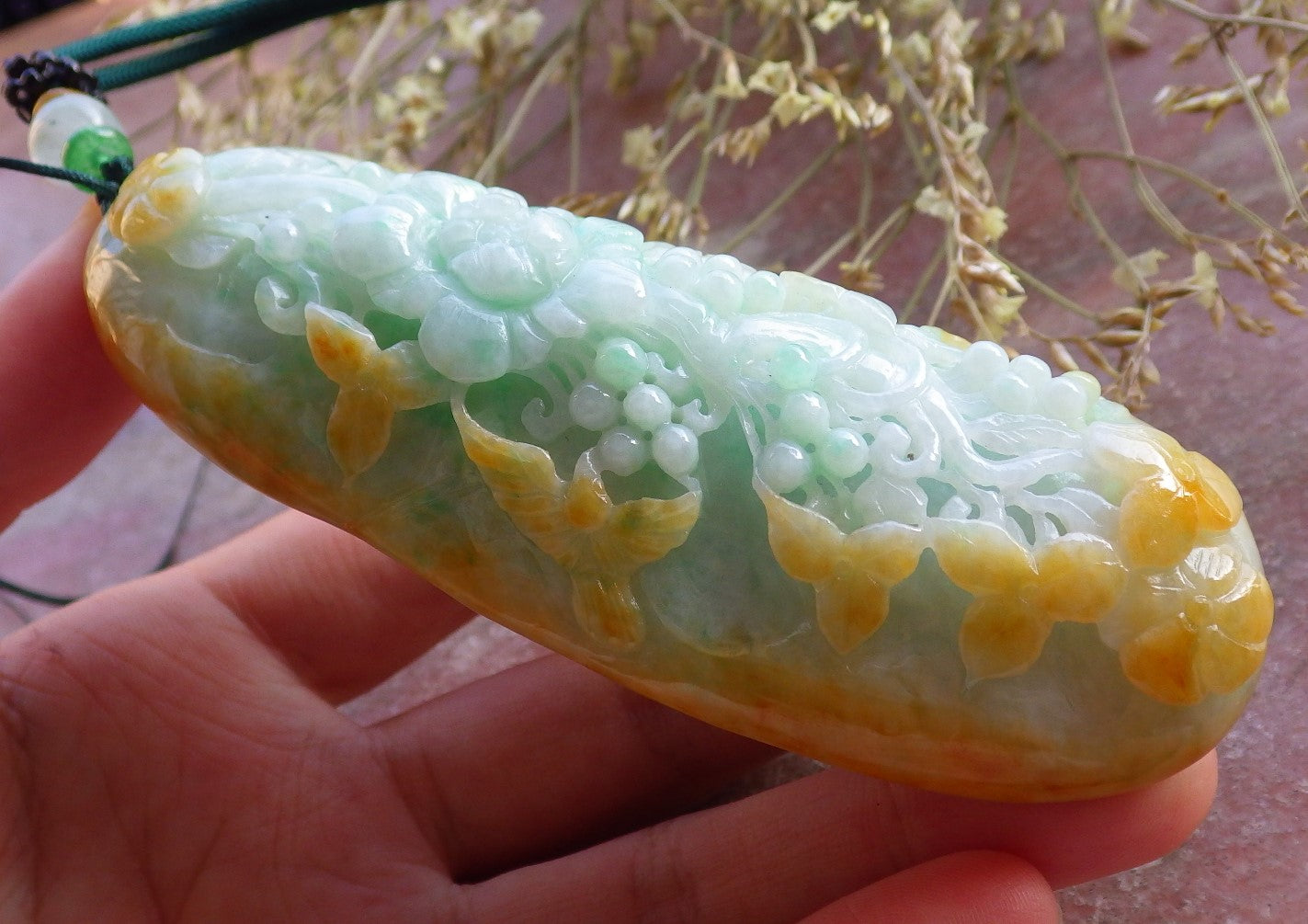 Certified Yellow Green Burma 100% Natural A Jade jadeite Pendant Phoenix Bird Flower Leaf Necklace 鸟语花香 640916 TN