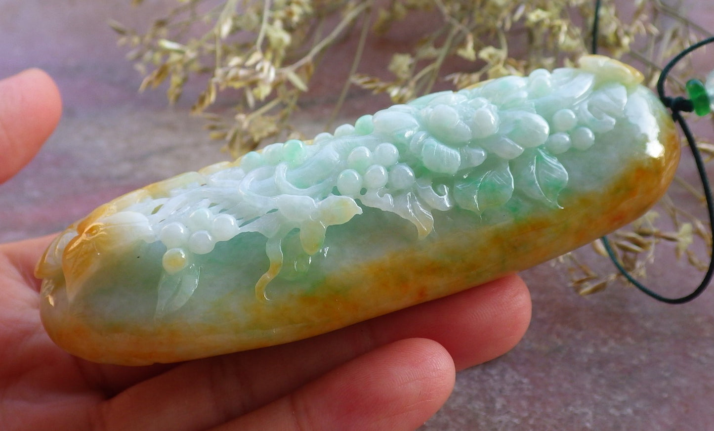 Certified Yellow Green Burma 100% Natural A Jade jadeite Pendant Phoenix Bird Flower Leaf Necklace 鸟语花香 640916 TN