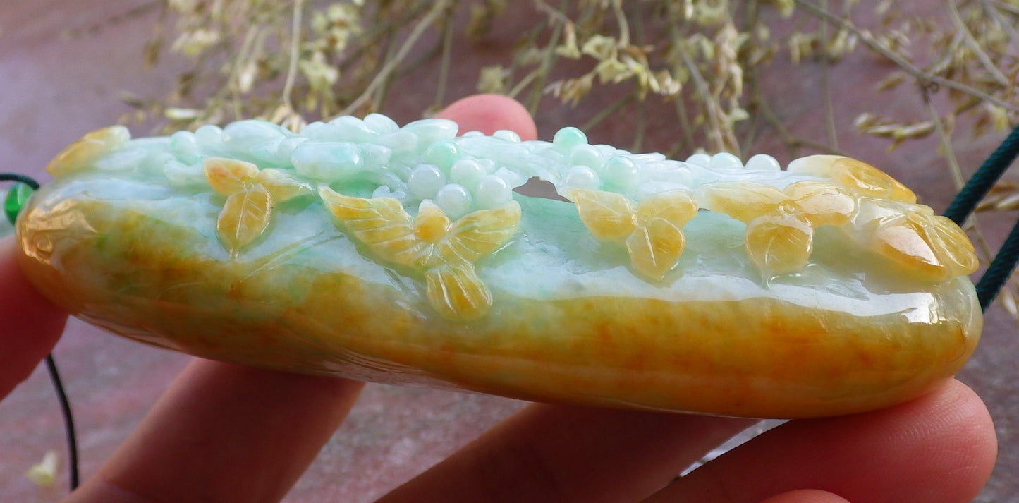 Certified Yellow Green Burma 100% Natural A Jade jadeite Pendant Phoenix Bird Flower Leaf Necklace 鸟语花香 640916 TN