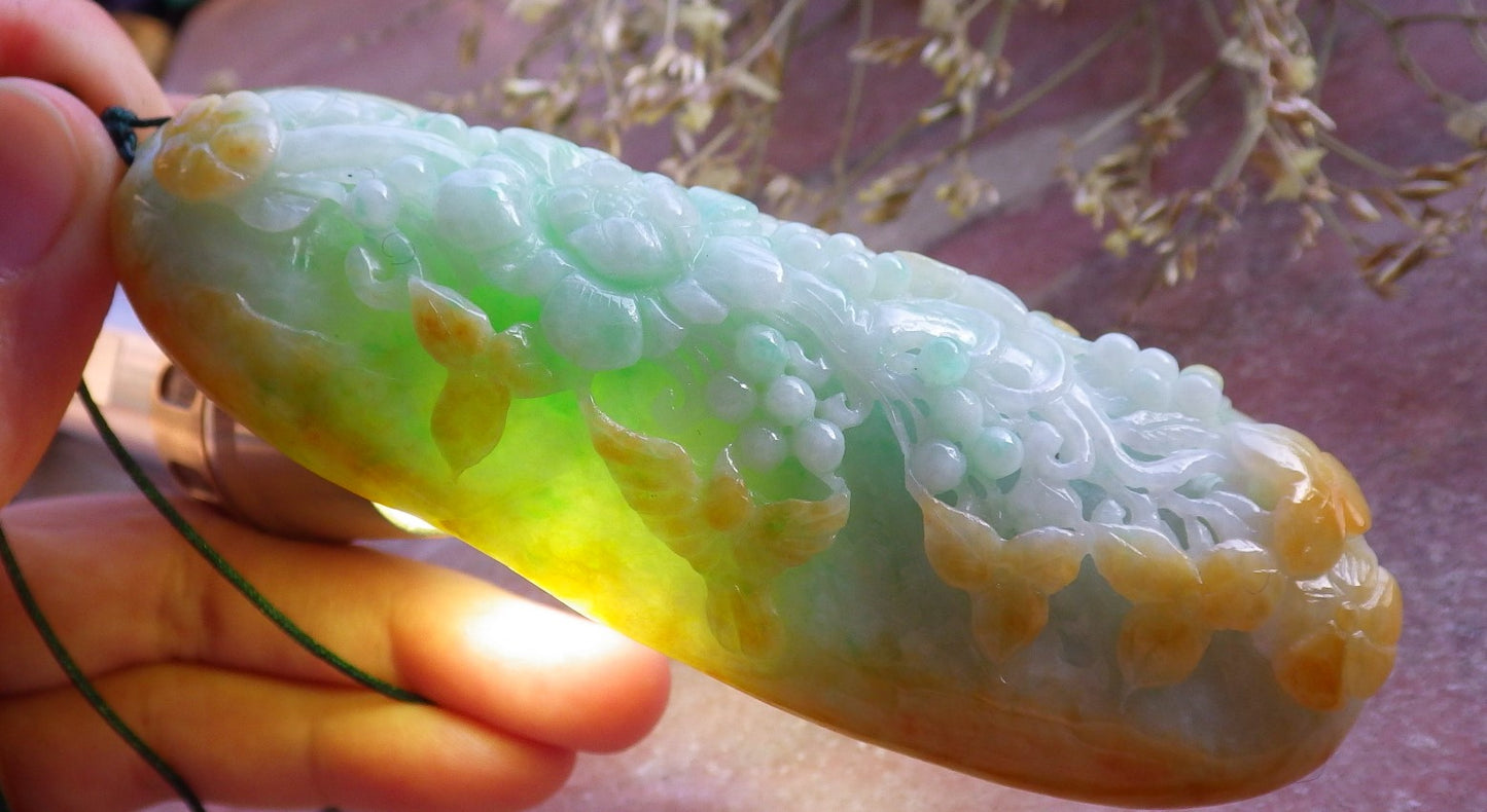 Certified Yellow Green Burma 100% Natural A Jade jadeite Pendant Phoenix Bird Flower Leaf Necklace 鸟语花香 640916 TN