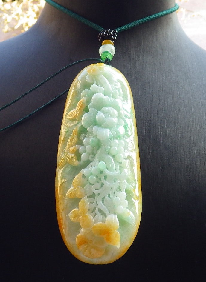 Certified Yellow Green Burma 100% Natural A Jade jadeite Pendant Phoenix Bird Flower Leaf Necklace 鸟语花香 640916 TN
