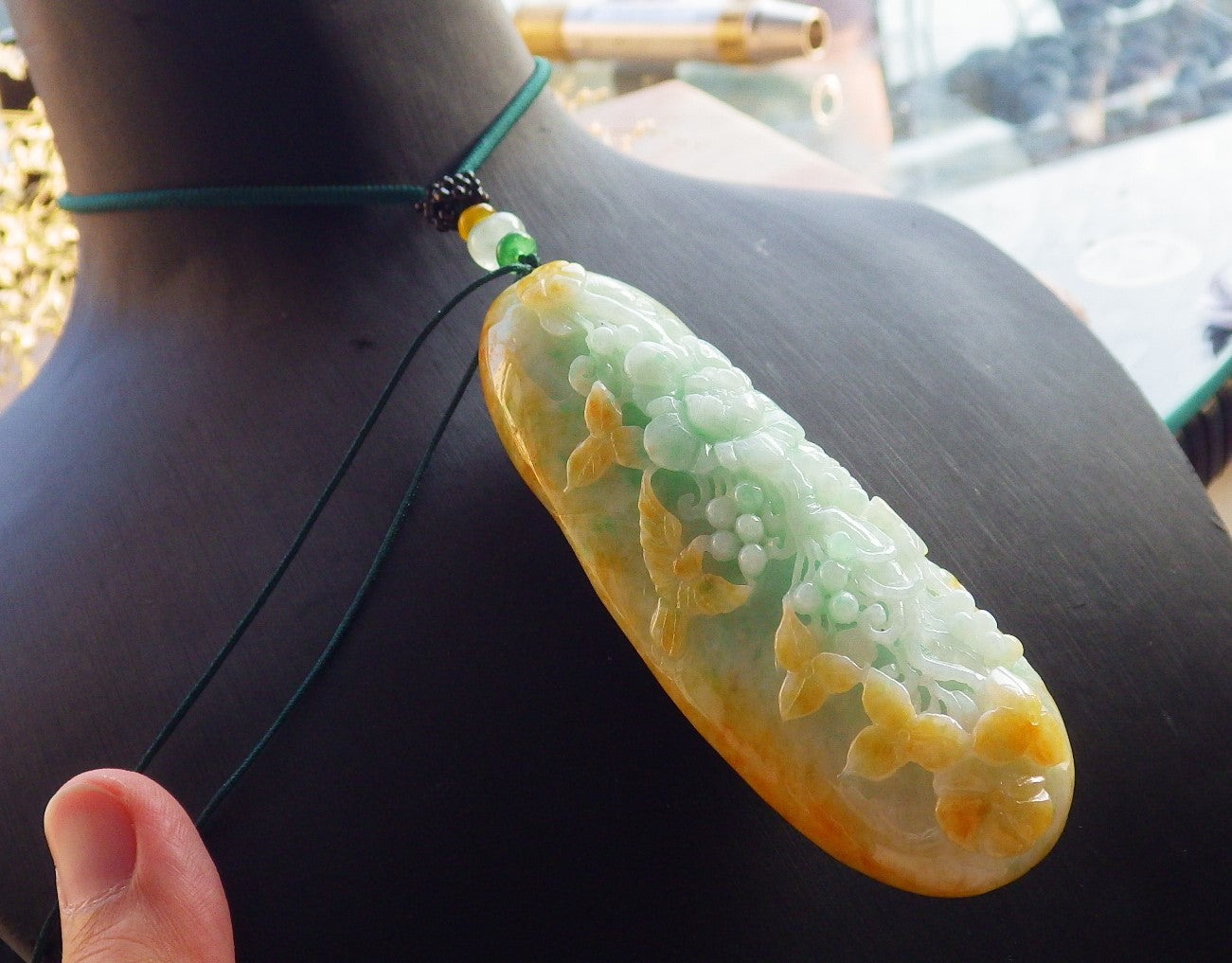 Certified Yellow Green Burma 100% Natural A Jade jadeite Pendant Phoenix Bird Flower Leaf Necklace 鸟语花香 640916 TN