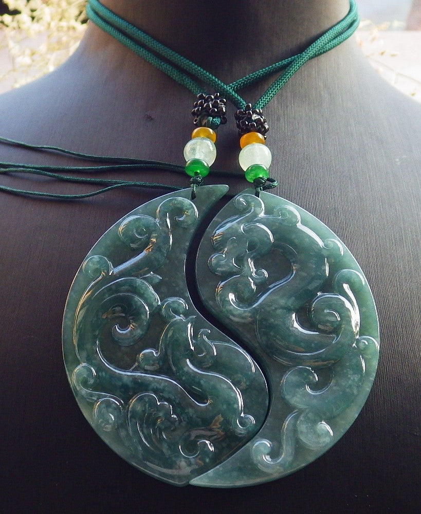 Pair Certified Icy Green Burma 100% Natural A Jade jadeite Pendant Dragon Phoenix Necklace 龙凤 640951 TN