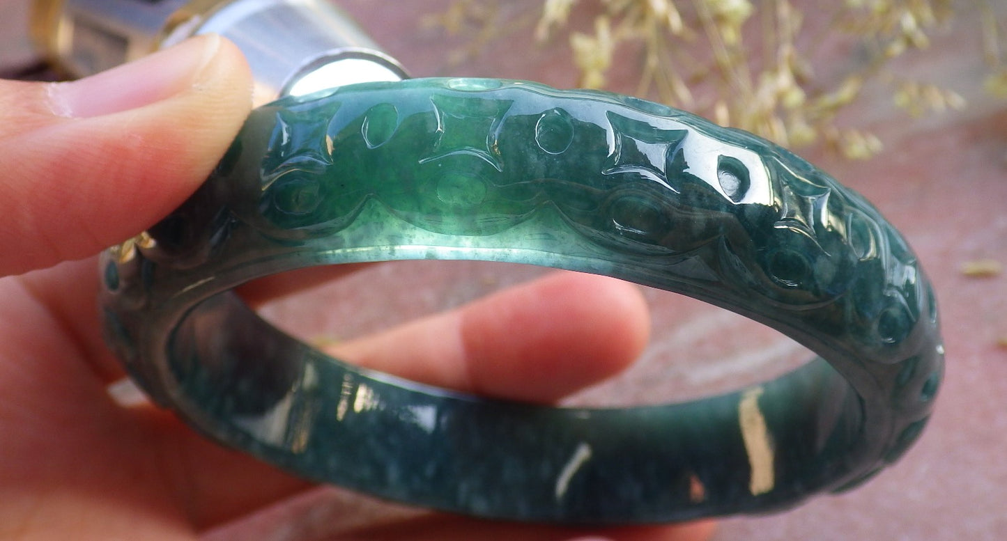 Certified Icy Green Burma 100% Natural A JADE Jadeite Money Coin Bangle Bracelet 65 mm 手镯 641101 TN