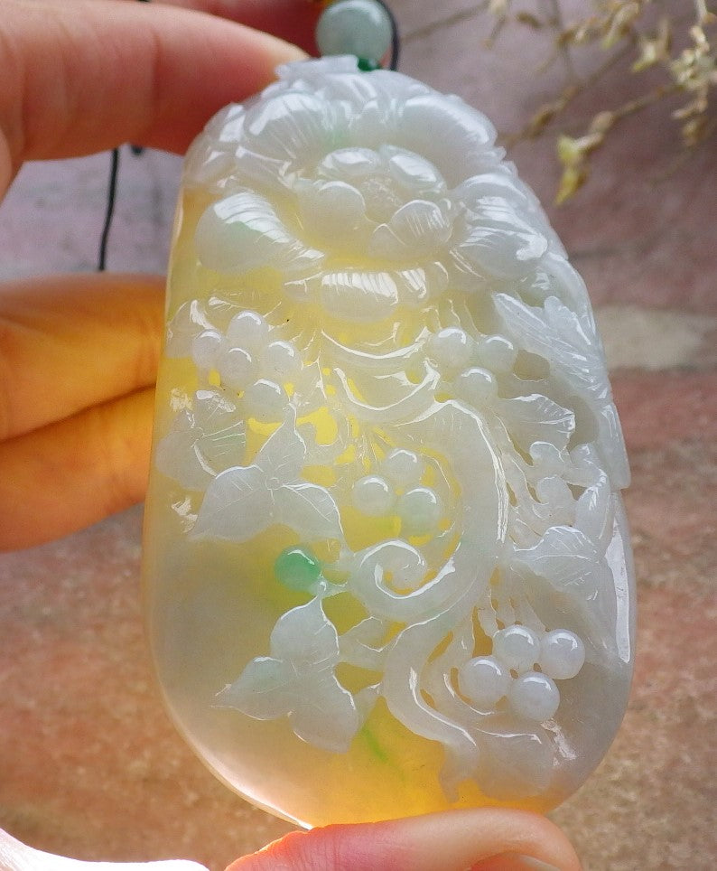 Certified Yellow Green Burma 100% Natural A Jade jadeite Pendant Phoenix Bird Flower Leaf Necklace 鸟语花香 641277 TN