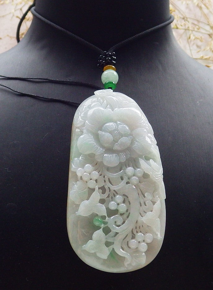 Certified Yellow Green Burma 100% Natural A Jade jadeite Pendant Phoenix Bird Flower Leaf Necklace 鸟语花香 641277 TN