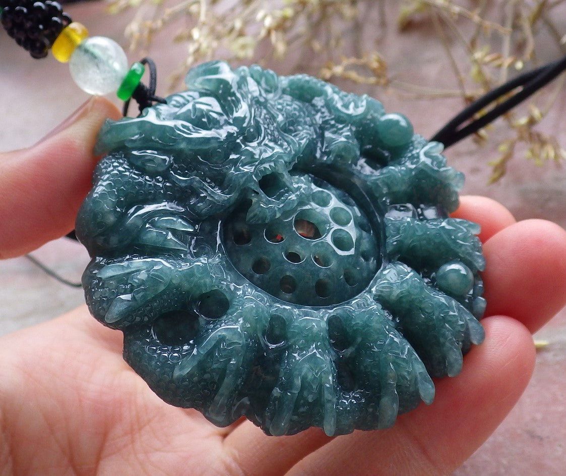 Certified Icy Green Burma 100% Natural A Jade jadeite Pendant 9 Dragon Bead Necklace 九龙戏珠 641302 TN