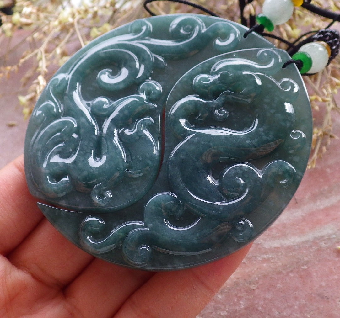 Pair Certified Icy Green Burma 100% Natural A Jade jadeite Pendant Dragon Phoenix Necklace 龙凤 641311 TN