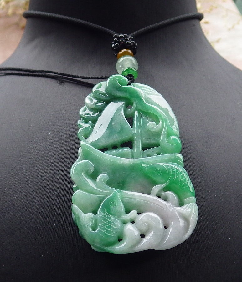 Certified Green Burma 100% Natural A Jade jadeite Pendant Fish Coin Ruyi Necklace 年年有余 641343 TN