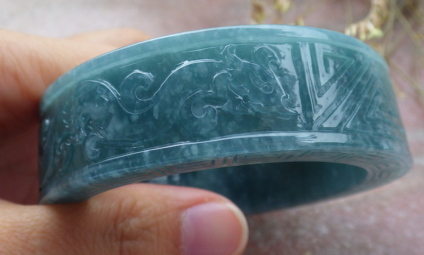 Certified Icy Green Burma 100% Natural A JADE Jadeite Dragon Phoenix Longevity Bangle Bracelet 57 mm 手镯 641353 TN