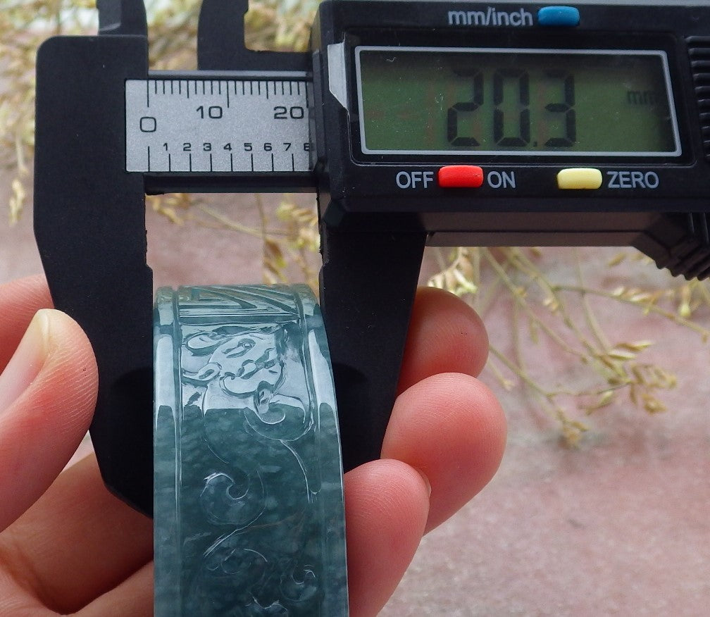 Certified Icy Green Burma 100% Natural A JADE Jadeite Dragon Phoenix Longevity Bangle Bracelet 57 mm 手镯 641353 TN