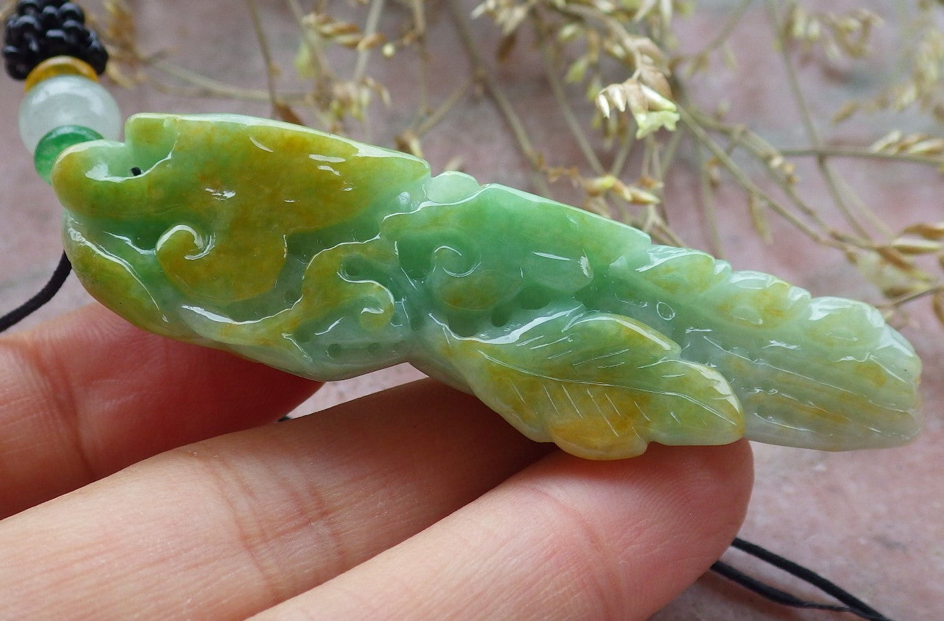 Certified Yellow Green Burma 100% Natural A Jade jadeite pendant Peanut Money Coin Necklace 生意兴隆 641363 TN