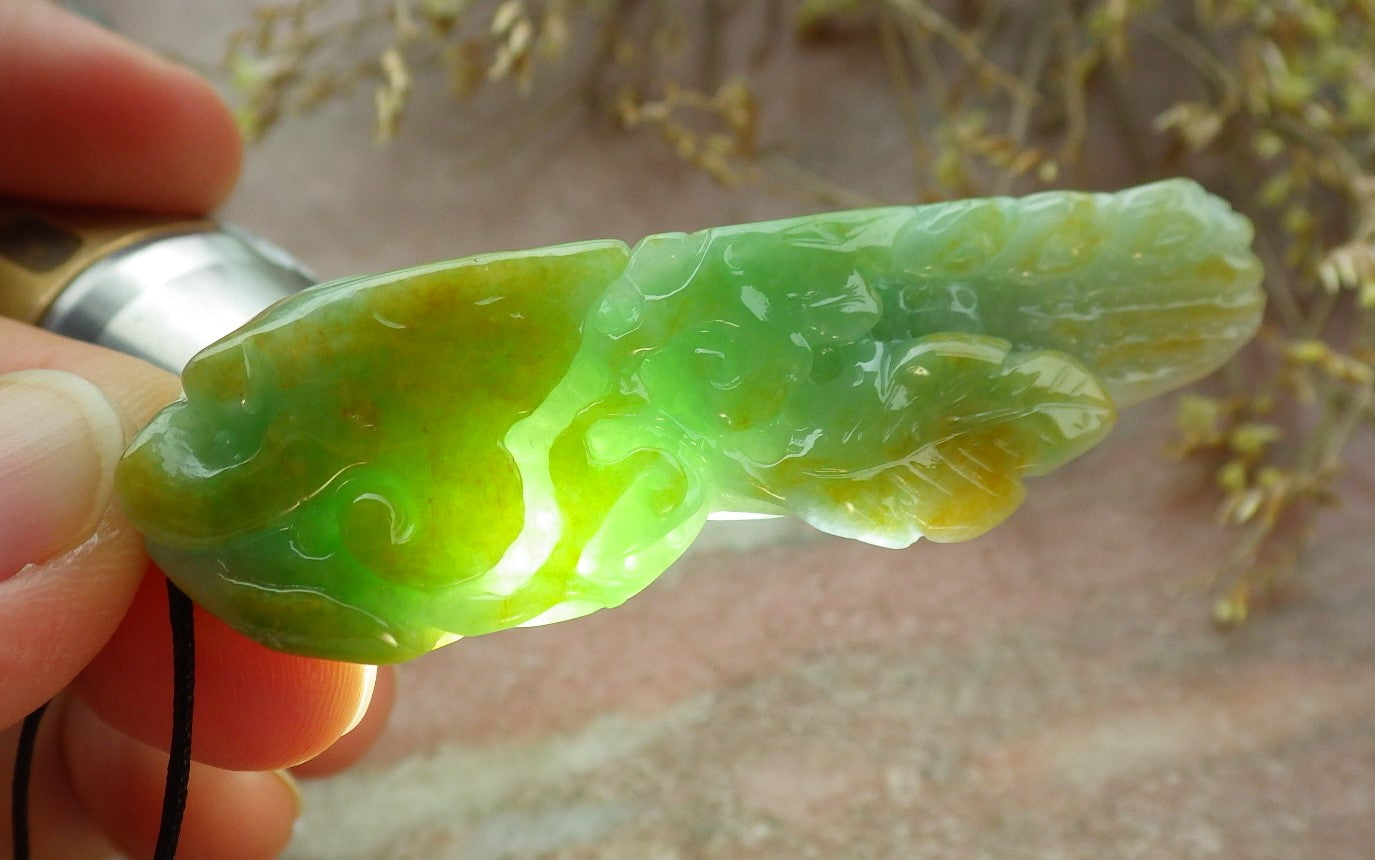 Certified Yellow Green Burma 100% Natural A Jade jadeite pendant Peanut Money Coin Necklace 生意兴隆 641363 TN