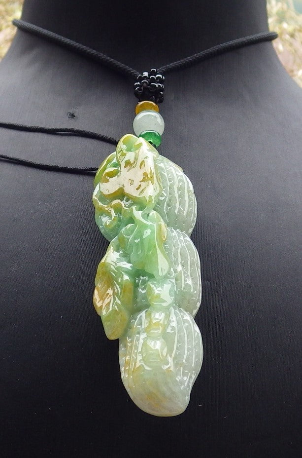 Certified Yellow Green Burma 100% Natural A Jade jadeite pendant Peanut Money Coin Necklace 生意兴隆 641363 TN