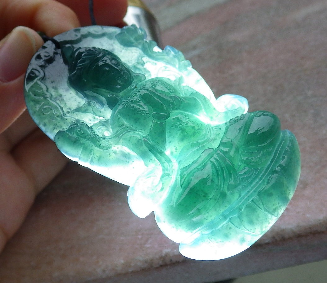 Certified Icy Green Burma 100% Natural A Jade jadeite Pendant Guanyin Kwan Yin Lotus Flower Necklace 观音 641372 TN