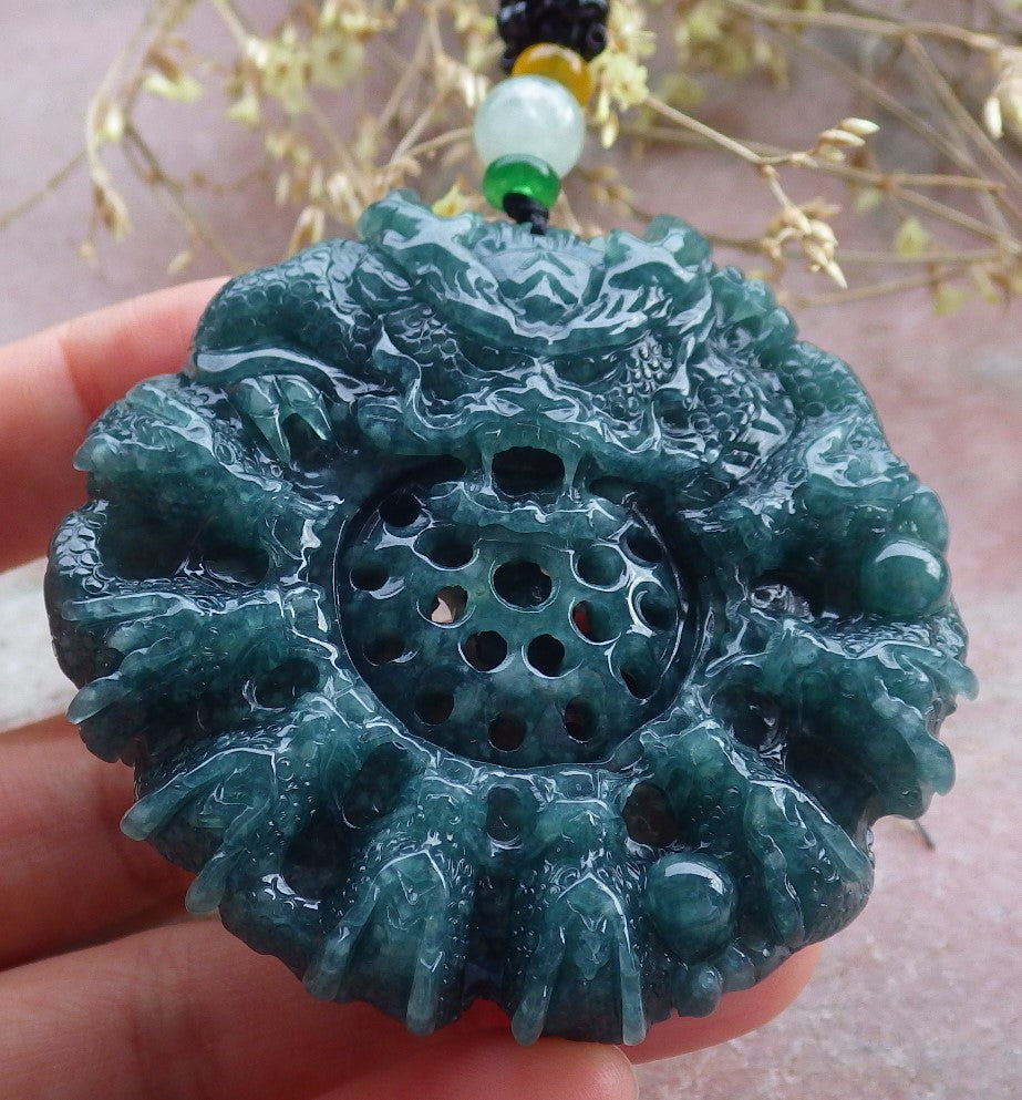 Certified Icy Green Burma 100% Natural A Jade jadeite Pendant 9 Dragon Bead Necklace 九龙戏珠 641560 TN