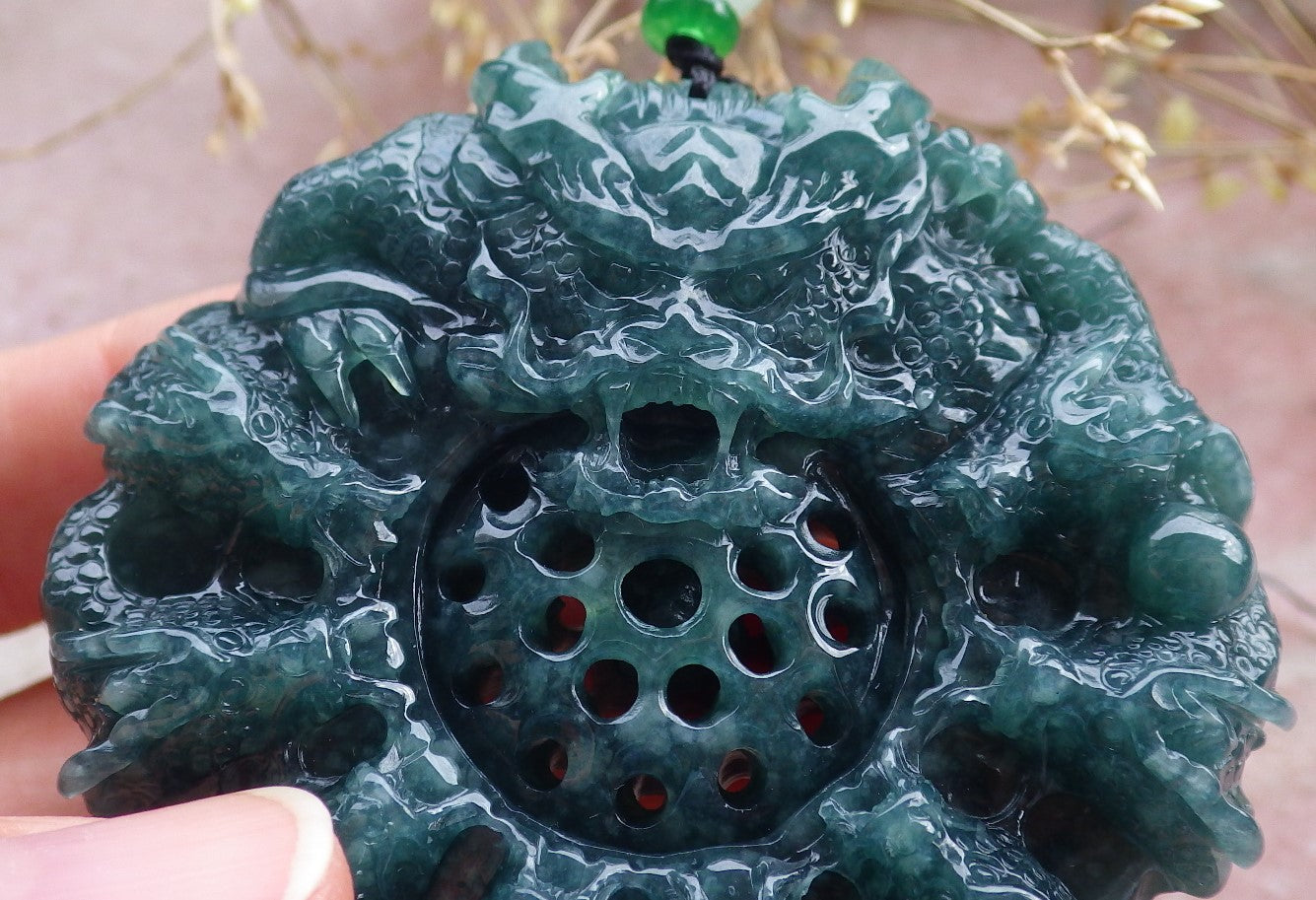 Certified Icy Green Burma 100% Natural A Jade jadeite Pendant 9 Dragon Bead Necklace 九龙戏珠 641560 TN