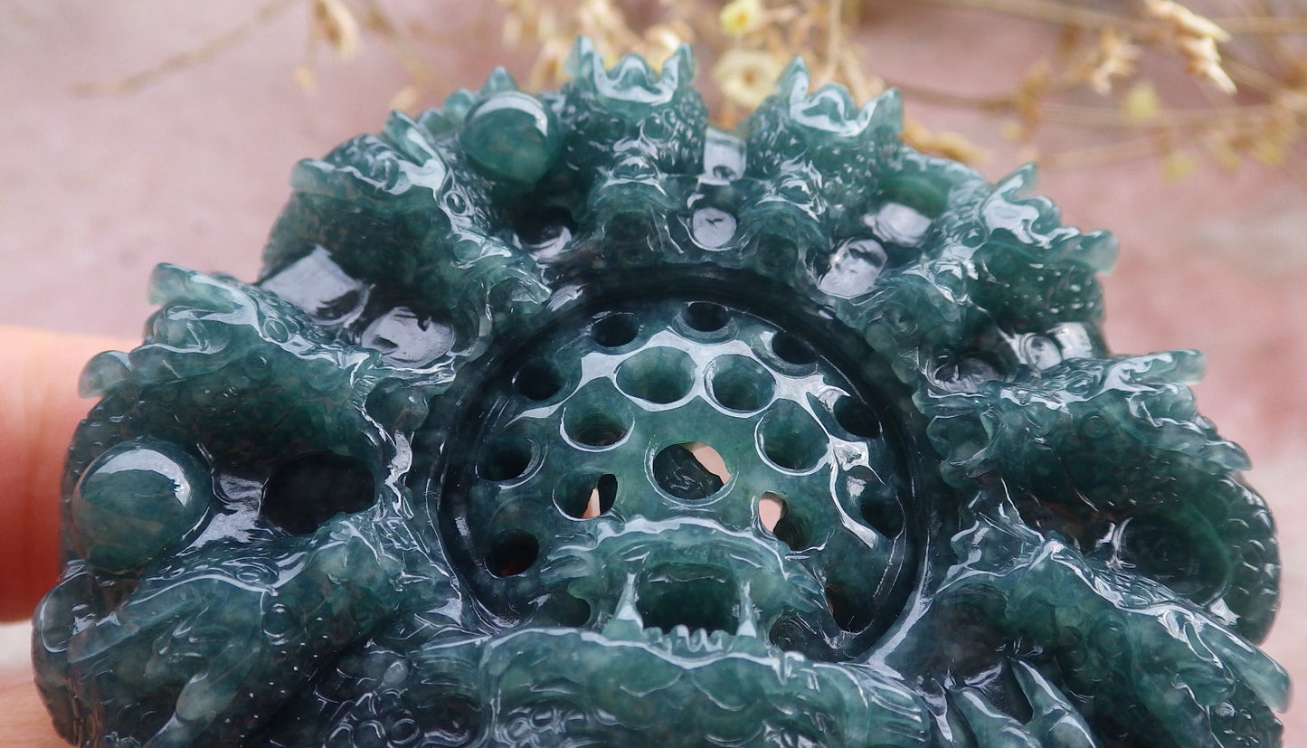 Certified Icy Green Burma 100% Natural A Jade jadeite Pendant 9 Dragon Bead Necklace 九龙戏珠 641560 TN