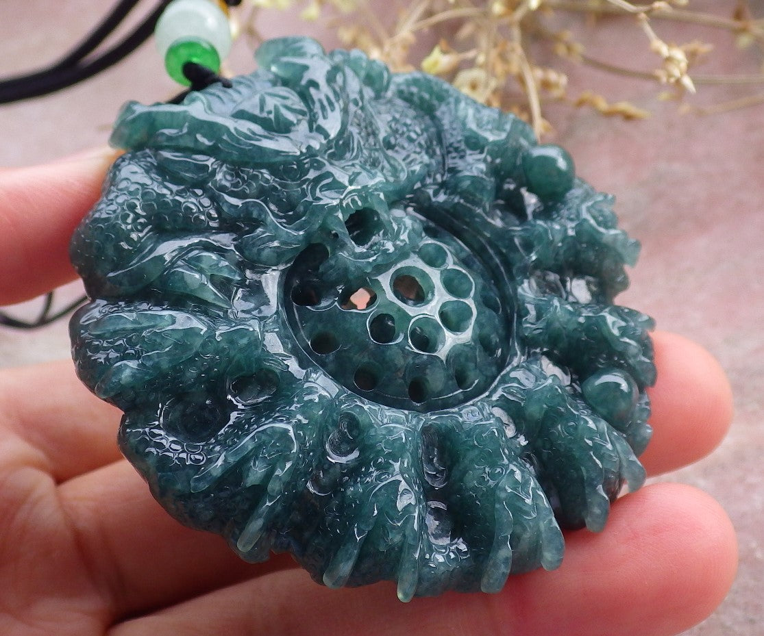 Certified Icy Green Burma 100% Natural A Jade jadeite Pendant 9 Dragon Bead Necklace 九龙戏珠 641560 TN