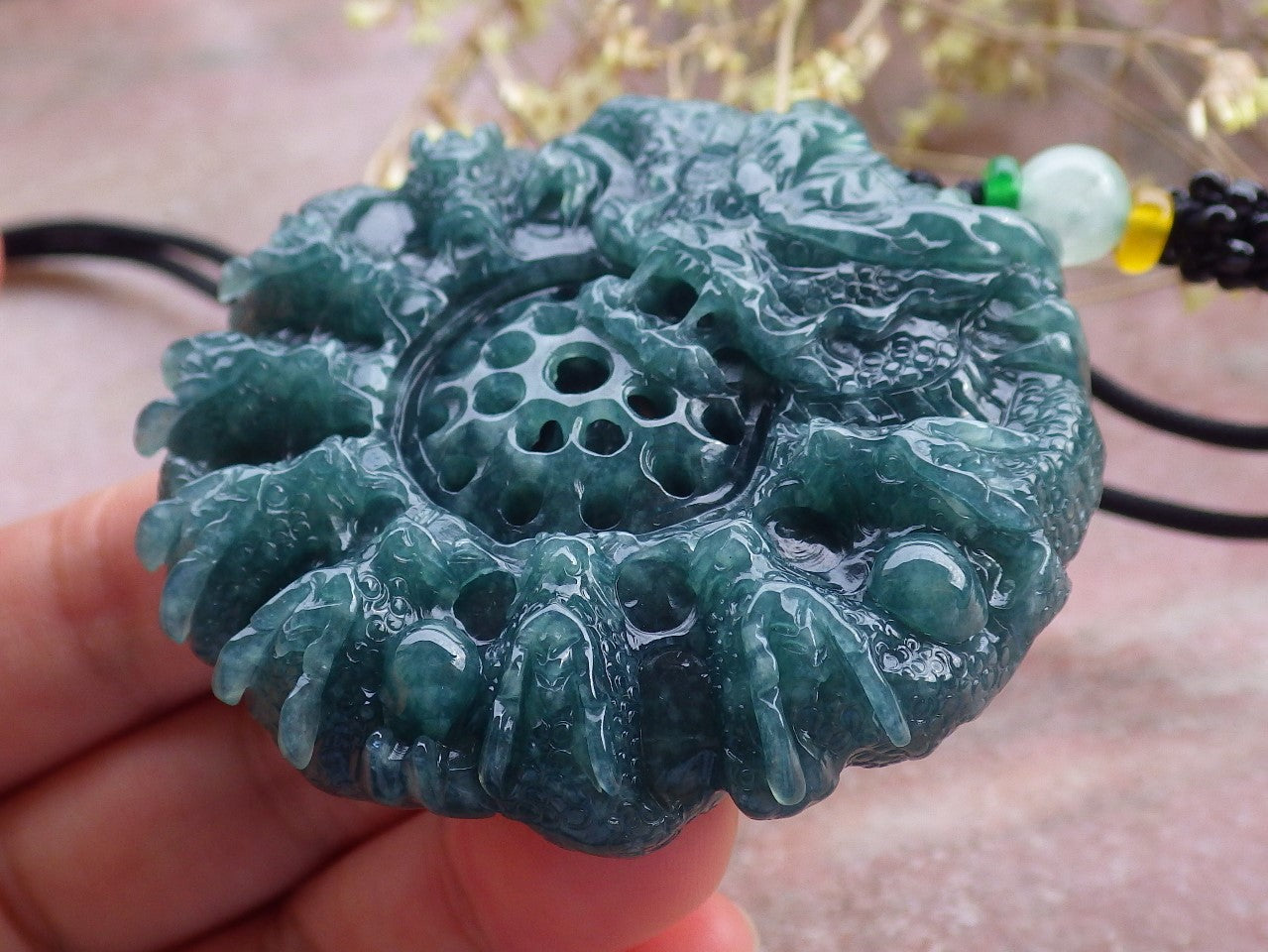 Certified Icy Green Burma 100% Natural A Jade jadeite Pendant 9 Dragon Bead Necklace 九龙戏珠 641560 TN