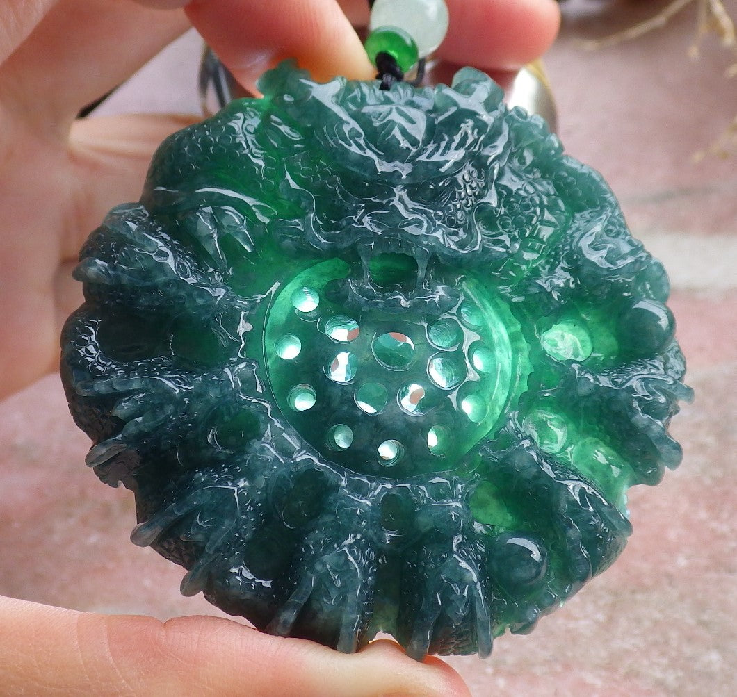 Certified Icy Green Burma 100% Natural A Jade jadeite Pendant 9 Dragon Bead Necklace 九龙戏珠 641560 TN