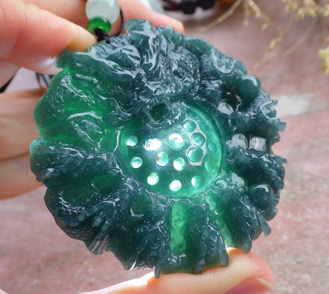 Certified Icy Green Burma 100% Natural A Jade jadeite Pendant 9 Dragon Bead Necklace 九龙戏珠 641560 TN