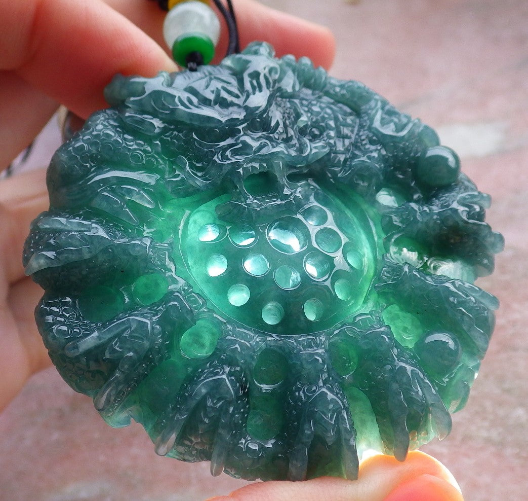 Certified Icy Green Burma 100% Natural A Jade jadeite Pendant 9 Dragon Bead Necklace 九龙戏珠 641572 TN