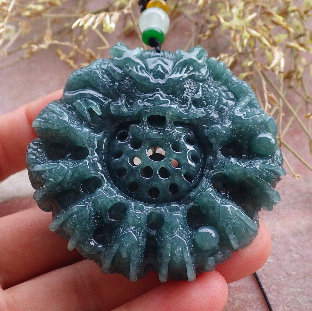 Certified Icy Green Burma 100% Natural A Jade jadeite Pendant 9 Dragon Bead Necklace 九龙戏珠 641572 TN