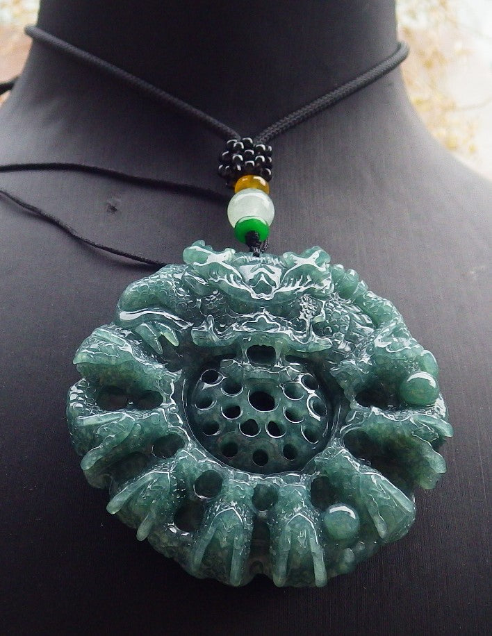Certified Icy Green Burma 100% Natural A Jade jadeite Pendant 9 Dragon Bead Necklace 九龙戏珠 641572 TN