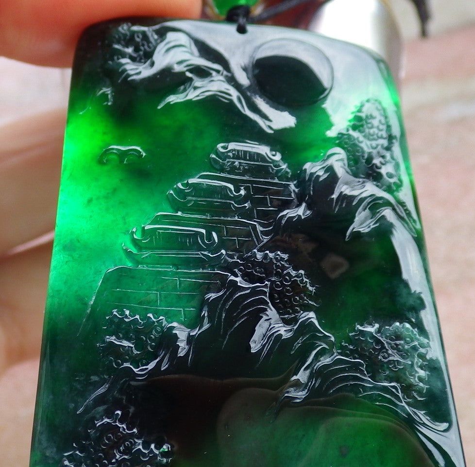Certified Icy Green Burma 100% Natural A Jade jadeite Landscape painting Tree Necklace Necklace 山水画 641593 TN