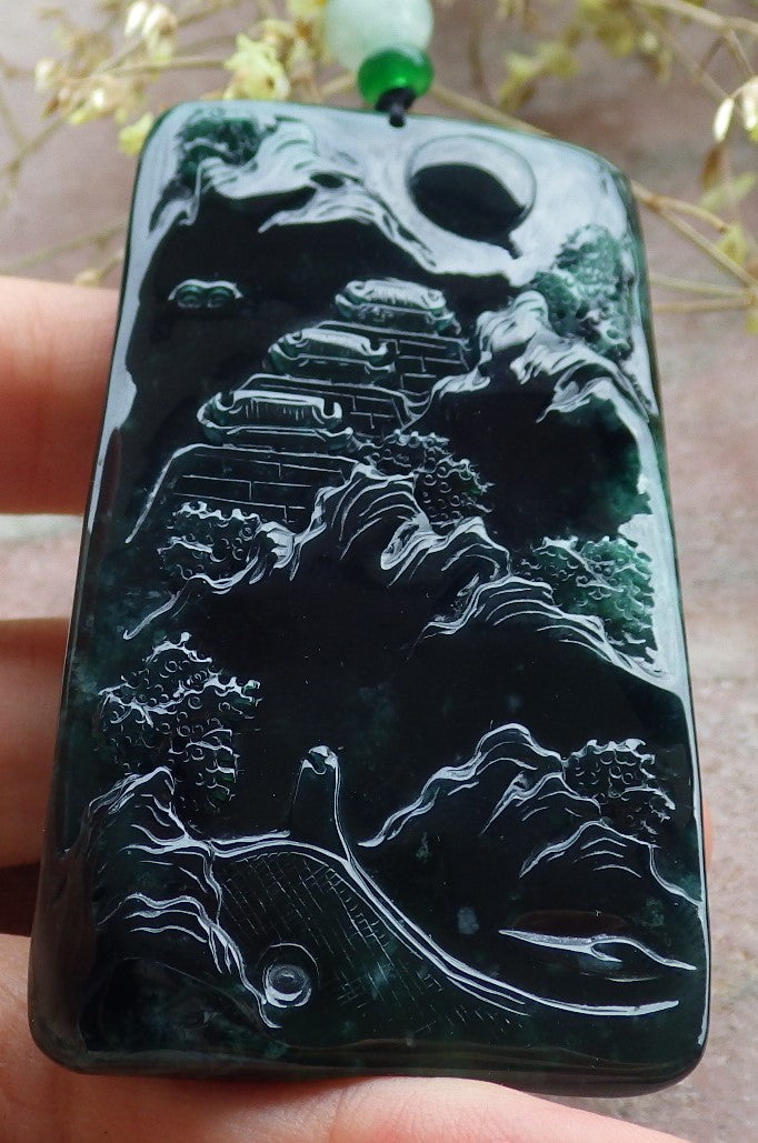 Certified Icy Green Burma 100% Natural A Jade jadeite Landscape painting Tree Necklace Necklace 山水画 641593 TN