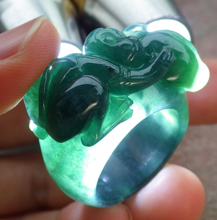 Certified Icy Green Burma 100% Natural A JADE Jadeite Monkey Peach RING USA. 10 戒指 641616 TN