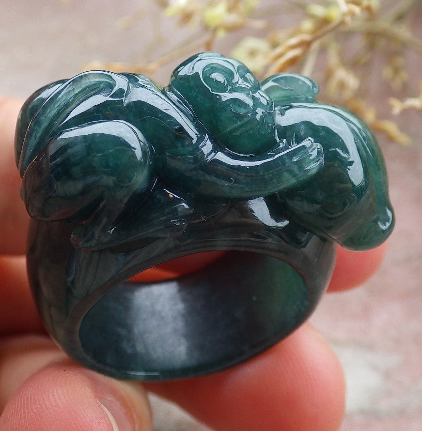 Certified Icy Green Burma 100% Natural A JADE Jadeite Monkey Peach RING USA. 10 戒指 641616 TN