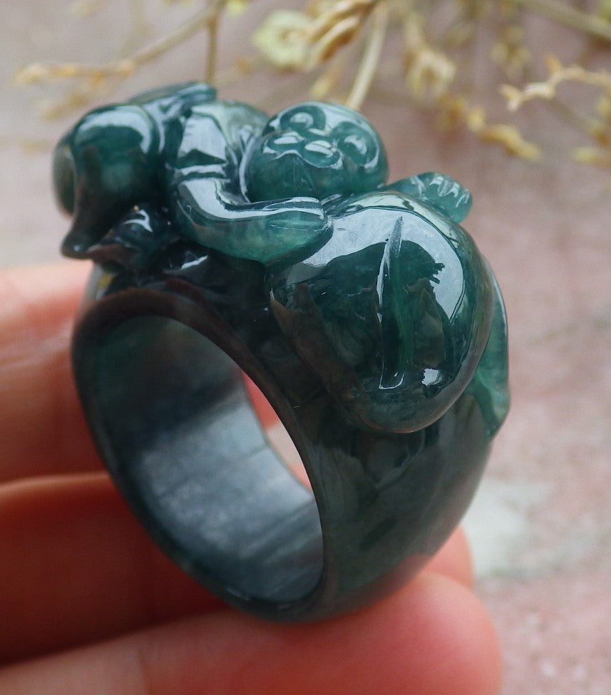 Certified Icy Green Burma 100% Natural A JADE Jadeite Monkey Peach RING USA. 10 戒指 641616 TN