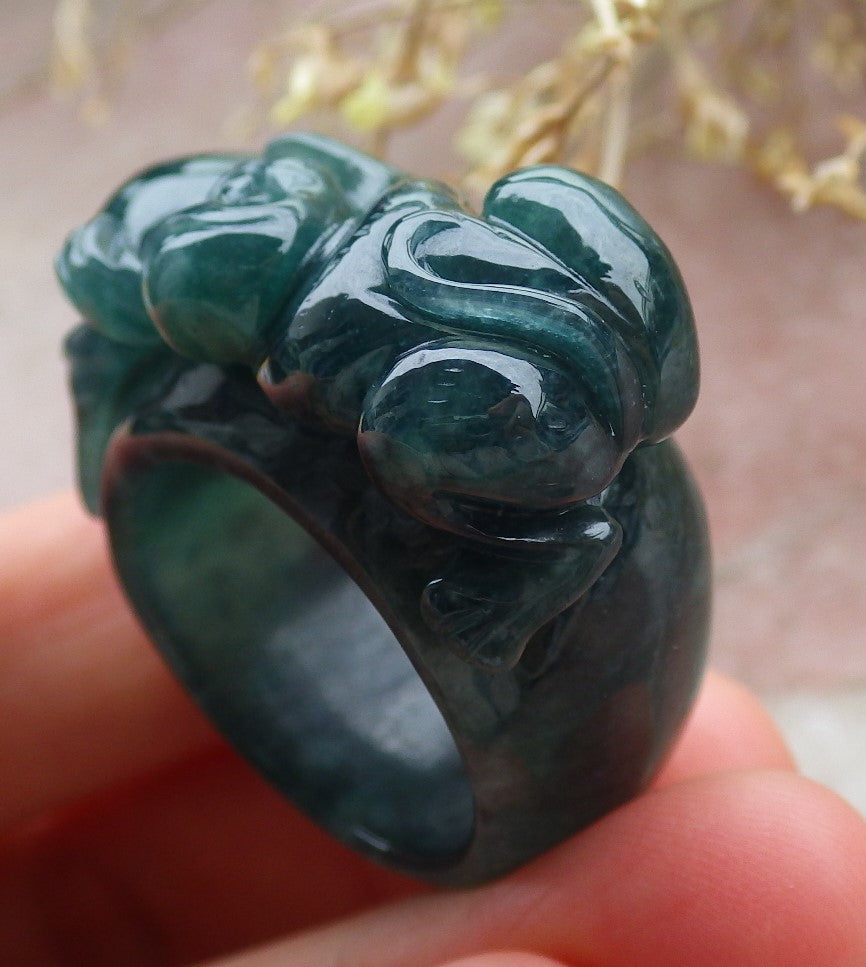 Certified Icy Green Burma 100% Natural A JADE Jadeite Monkey Peach RING USA. 10 戒指 641616 TN