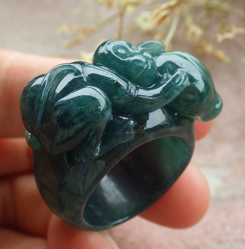 Certified Icy Green Burma 100% Natural A JADE Jadeite Monkey Peach RING USA. 10 戒指 641616 TN