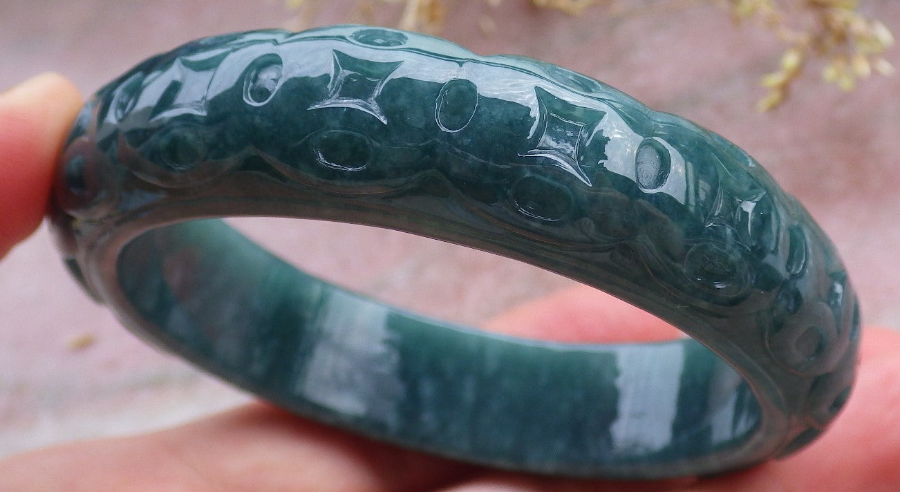 Certified Icy Green Burma 100% Natural A JADE Jadeite Money Coin Bangle Bracelet 57 mm 手镯 641661 TN