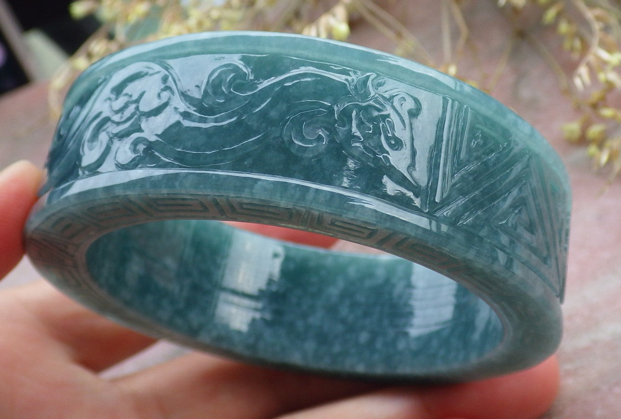 Certified Icy Green Burma 100% Natural A JADE Jadeite Dragon Phoenix Bangle Bracelet 57 mm 手镯 641689 TN