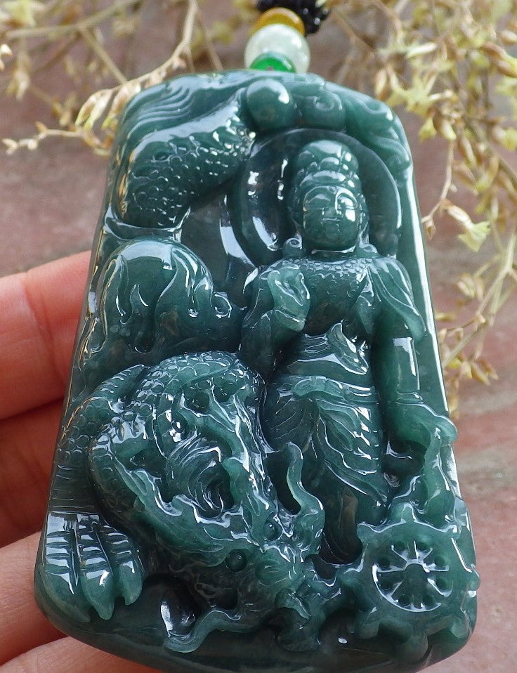 Certified Icy Green Burma 100% Natural A Jade jadeite Pendant Guanyin Kwan Yin Dragon Necklace 观音 641867 TN