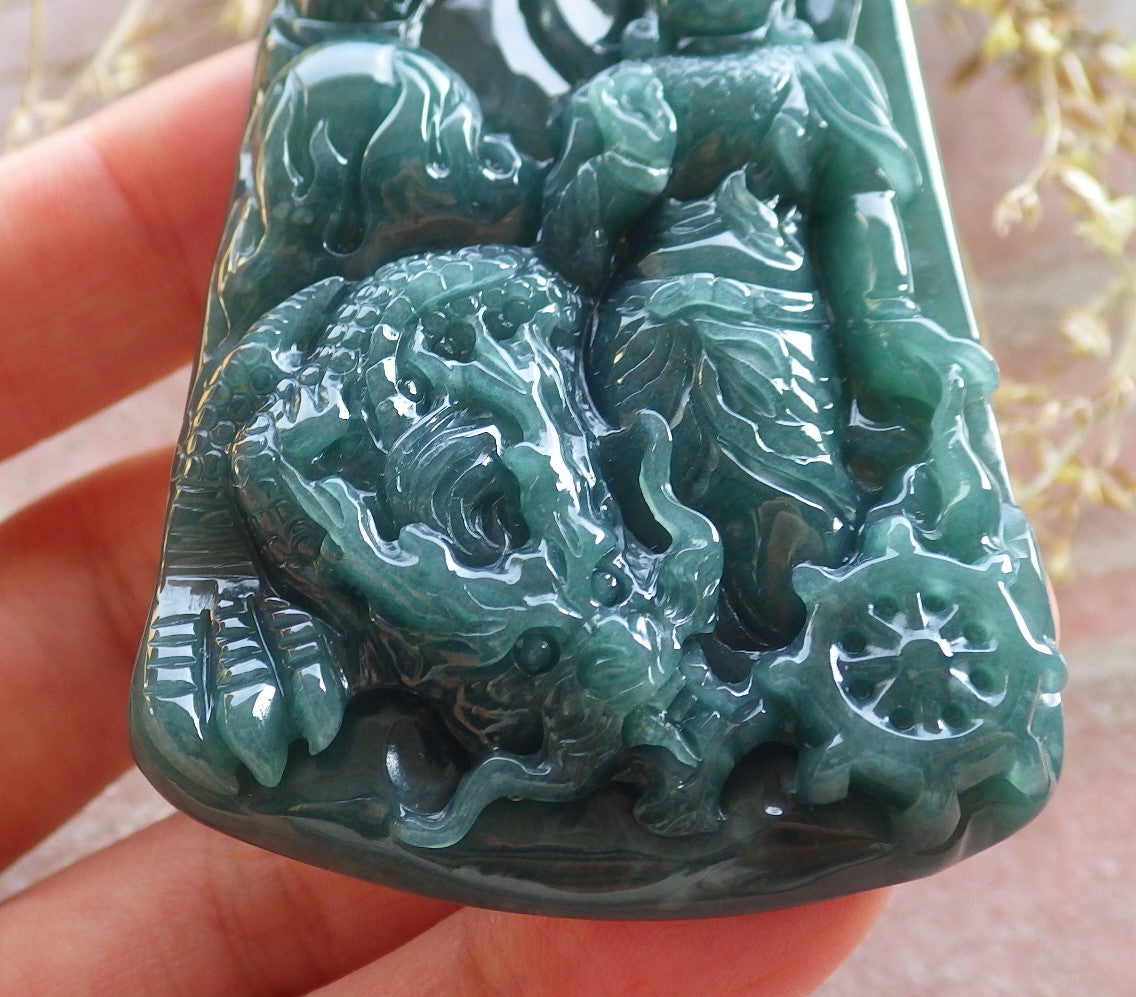 Certified Icy Green Burma 100% Natural A Jade jadeite Pendant Guanyin Kwan Yin Dragon Necklace 观音 641867 TN
