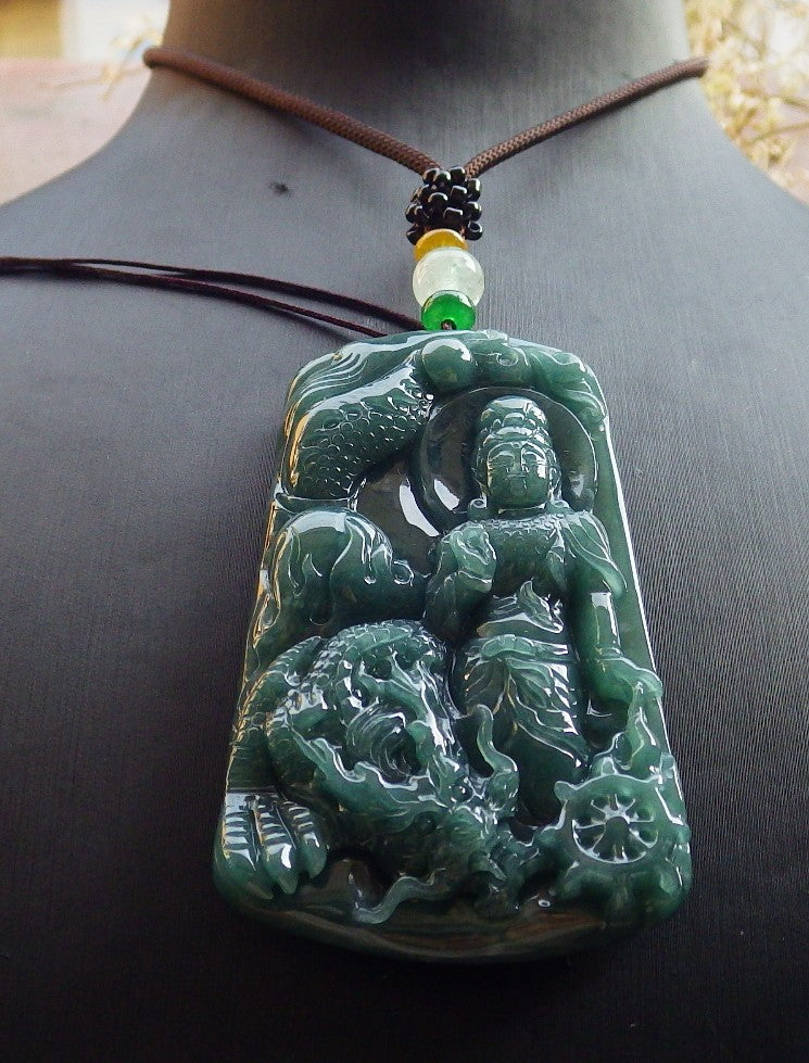 Certified Icy Green Burma 100% Natural A Jade jadeite Pendant Guanyin Kwan Yin Dragon Necklace 观音 641867 TN
