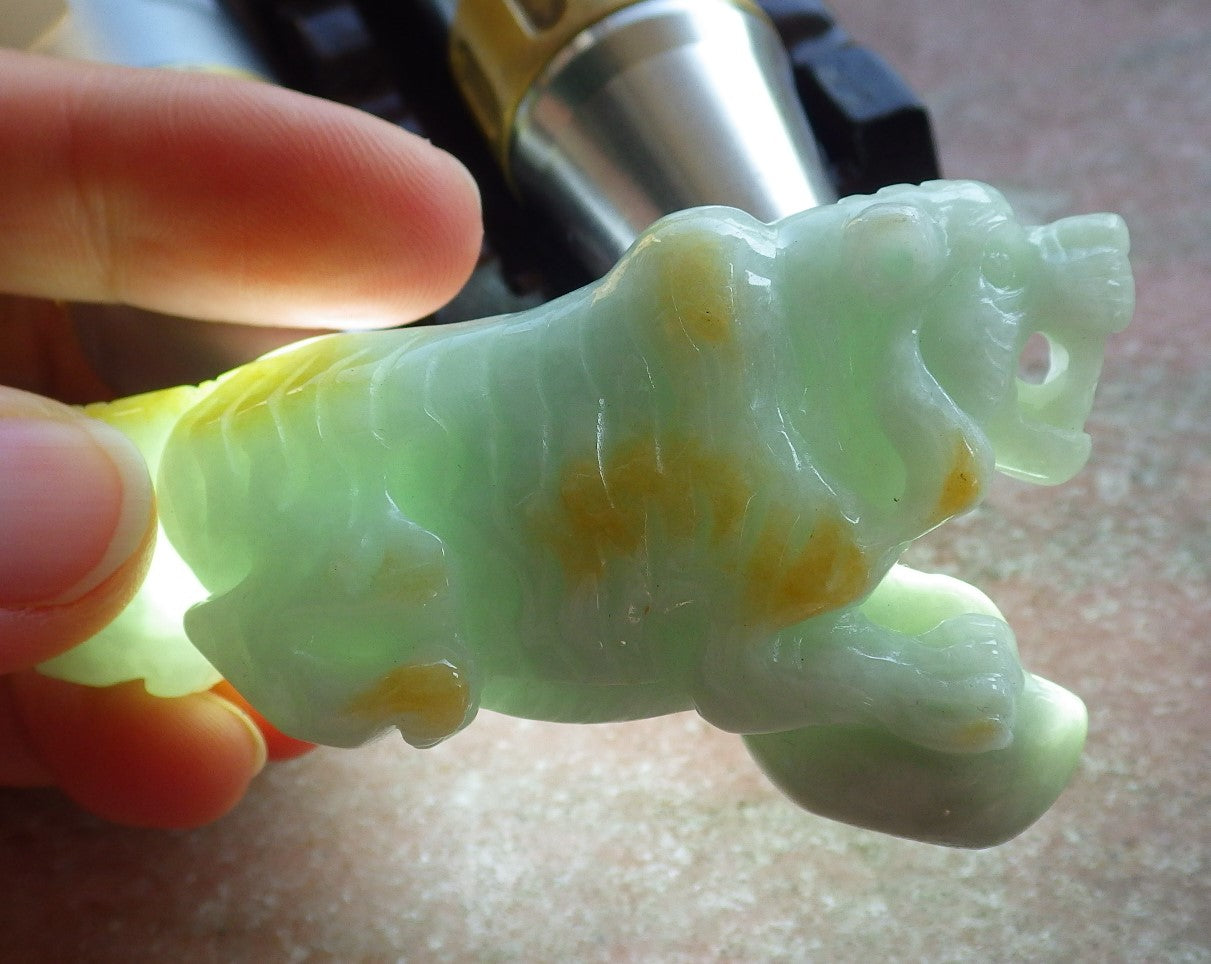 Certified Yellow Green Burma 100% Natural A Jade jadeite Display Tiger Yuan Bao 老虎 642036 TN