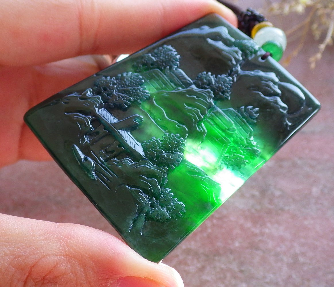 Certified Icy Green Burma 100% Natural A Jade jadeite Landscape painting Tree Necklace Necklace 山水画 642063 TN