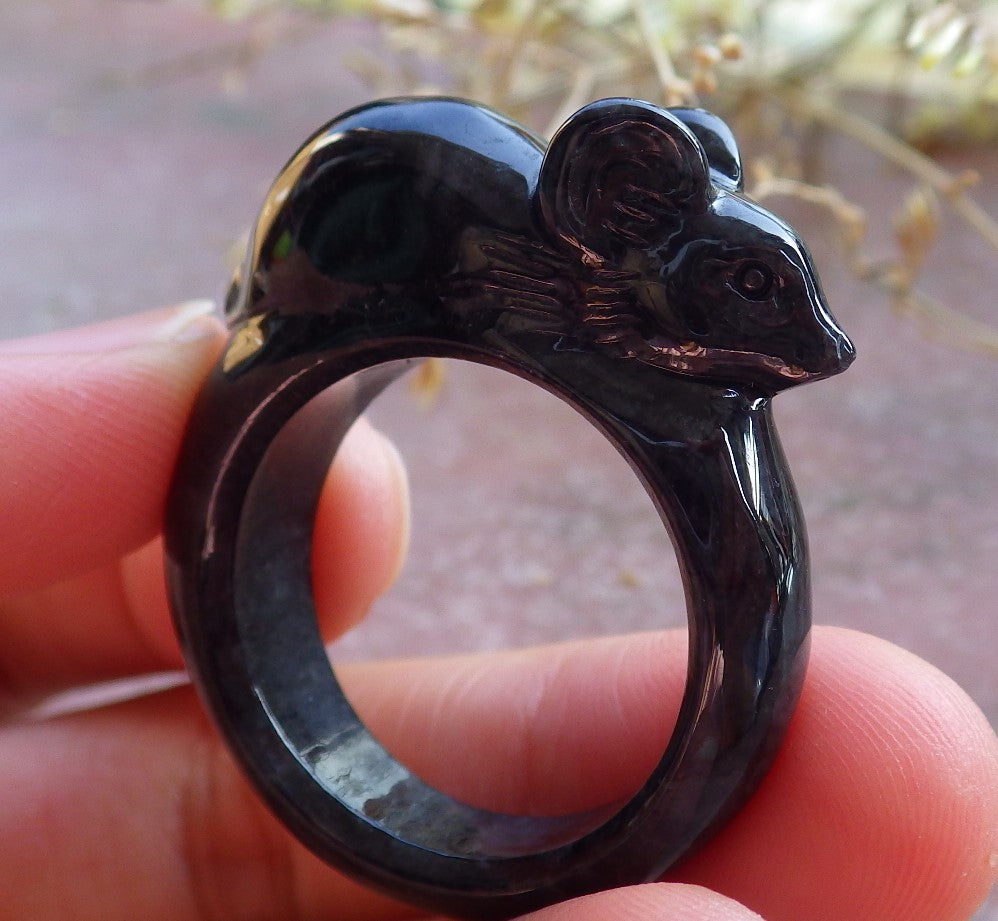 Certified Black Burma 100% Natural A JADE Jadeite Mouse Rat RING USA 13 戒指 642130 TN
