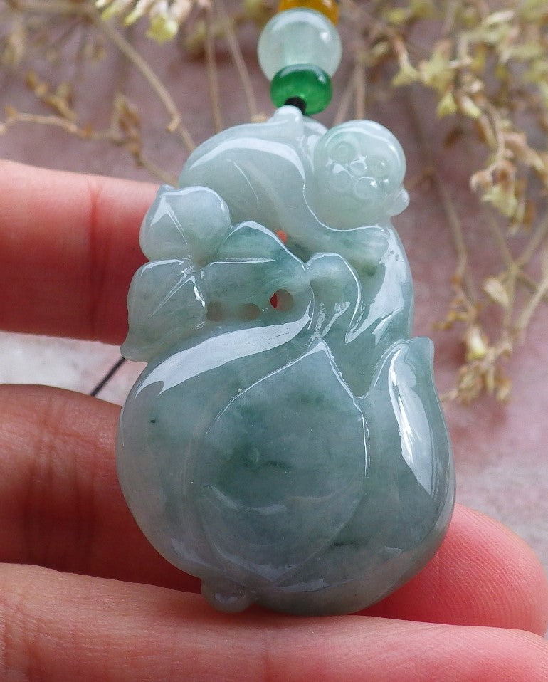 Certified Green Burma 100% Natural A Jade jadeite Pendant Monkey Flower Necklace 猴子 642361 TN